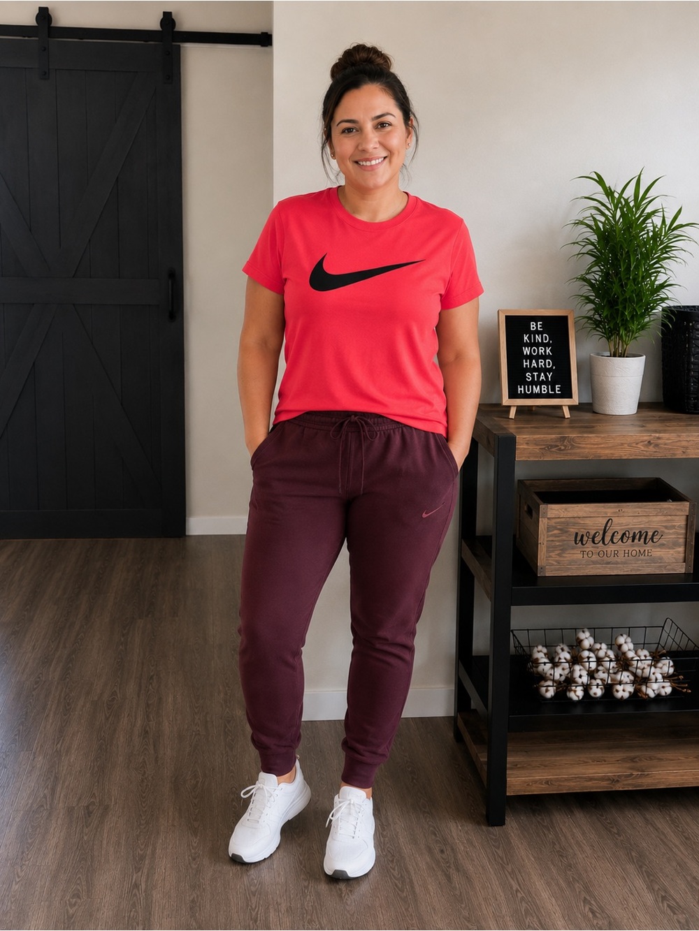 Nike Women’s Coral Crew Neck Tee & Maroon Jogger Pants